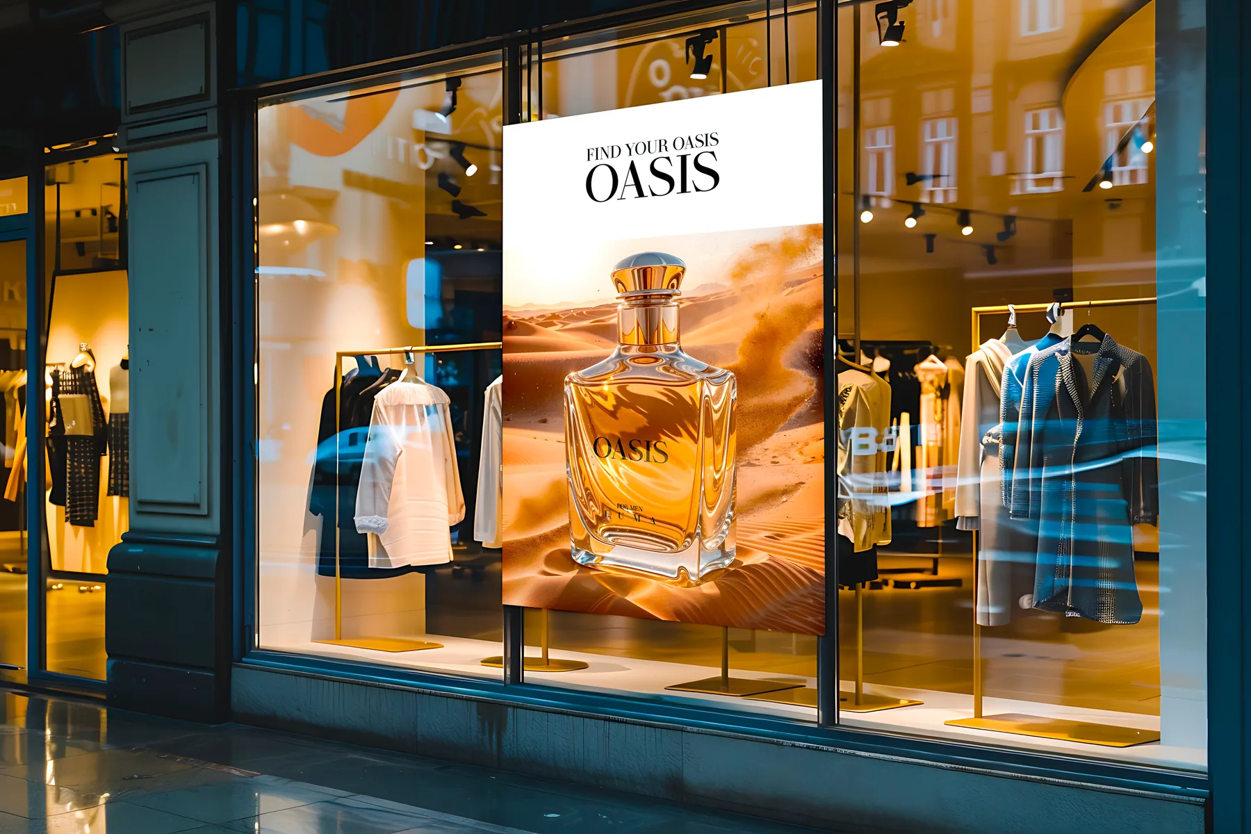 Vitrine de loja com o pôster da campanha Oasis