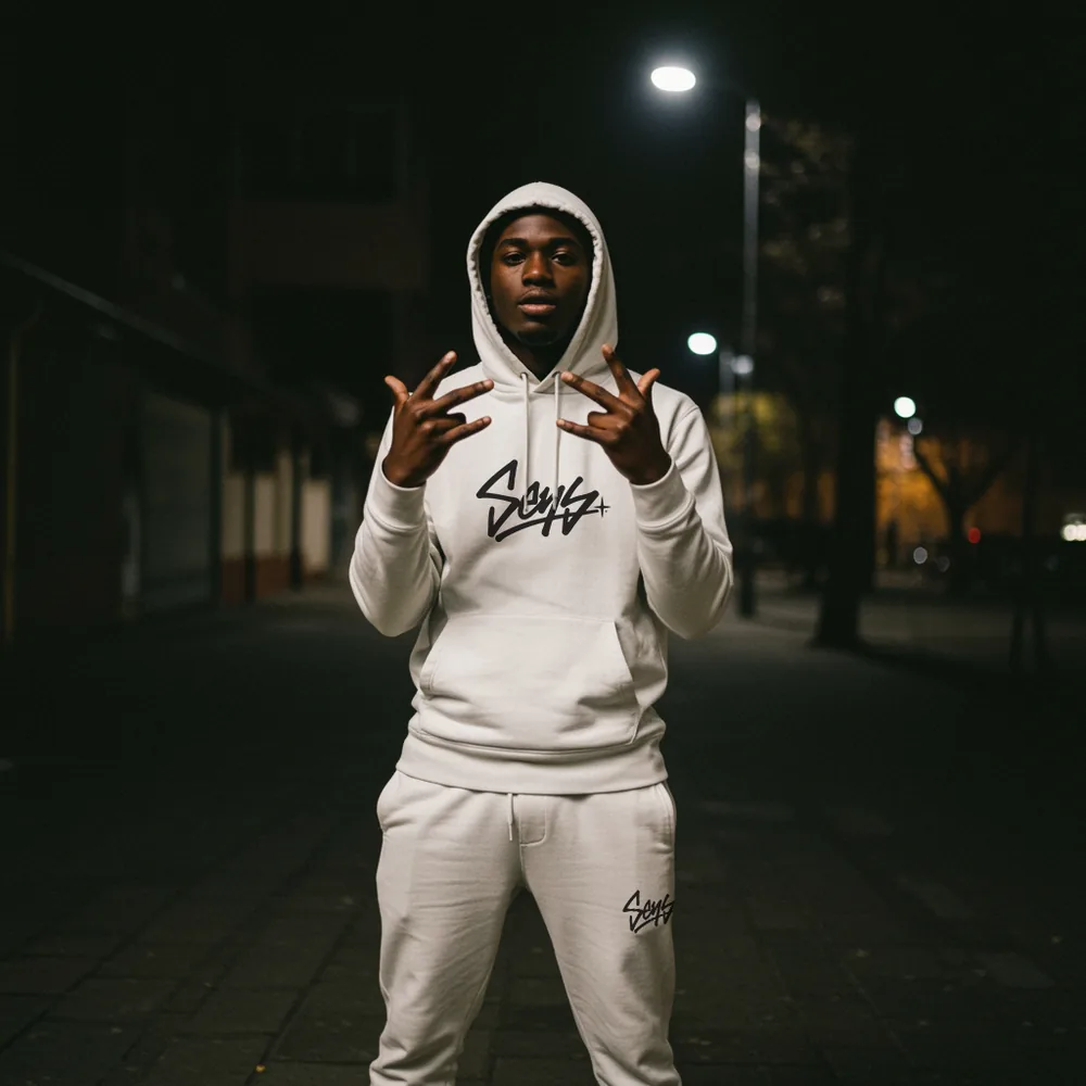 Conjunto de moletom branco Sens na rua à noite