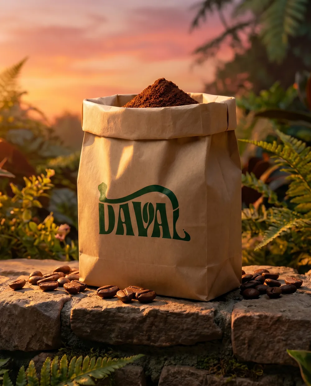 Saco kraft Daval cheio de café entre folhagens