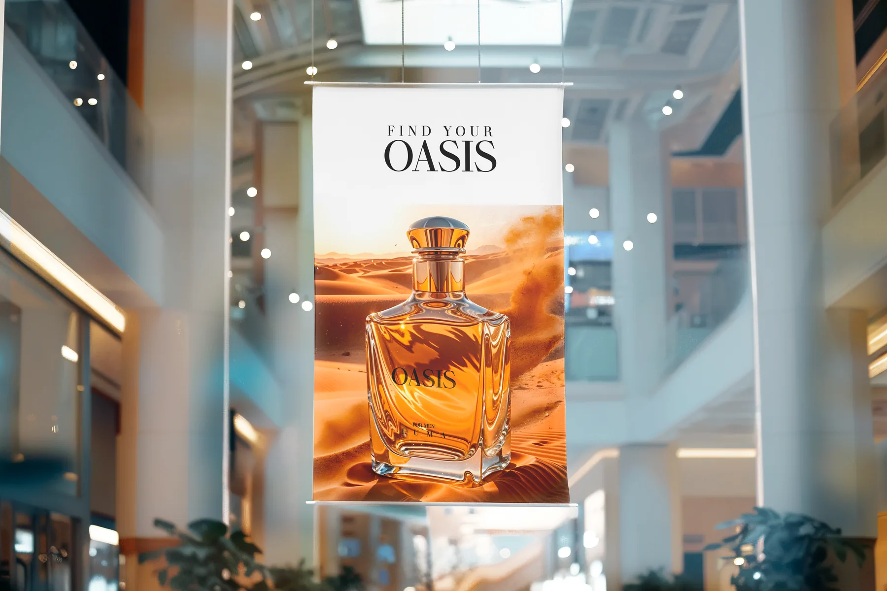 Painel suspenso Oasis em um shopping
